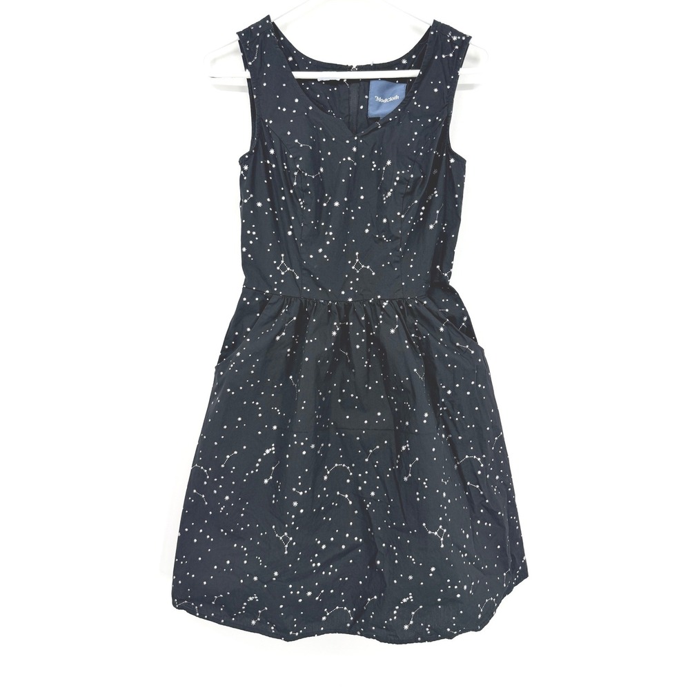 ModCloth Black Constellation Star Print Cotton Fit Flare‎ Dress Women Size 4